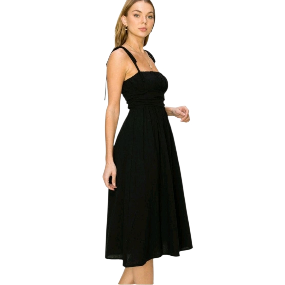 HYFVE Get A Clue Tie Strap Midi Dress Black Cotton Shirred Top Womens Large